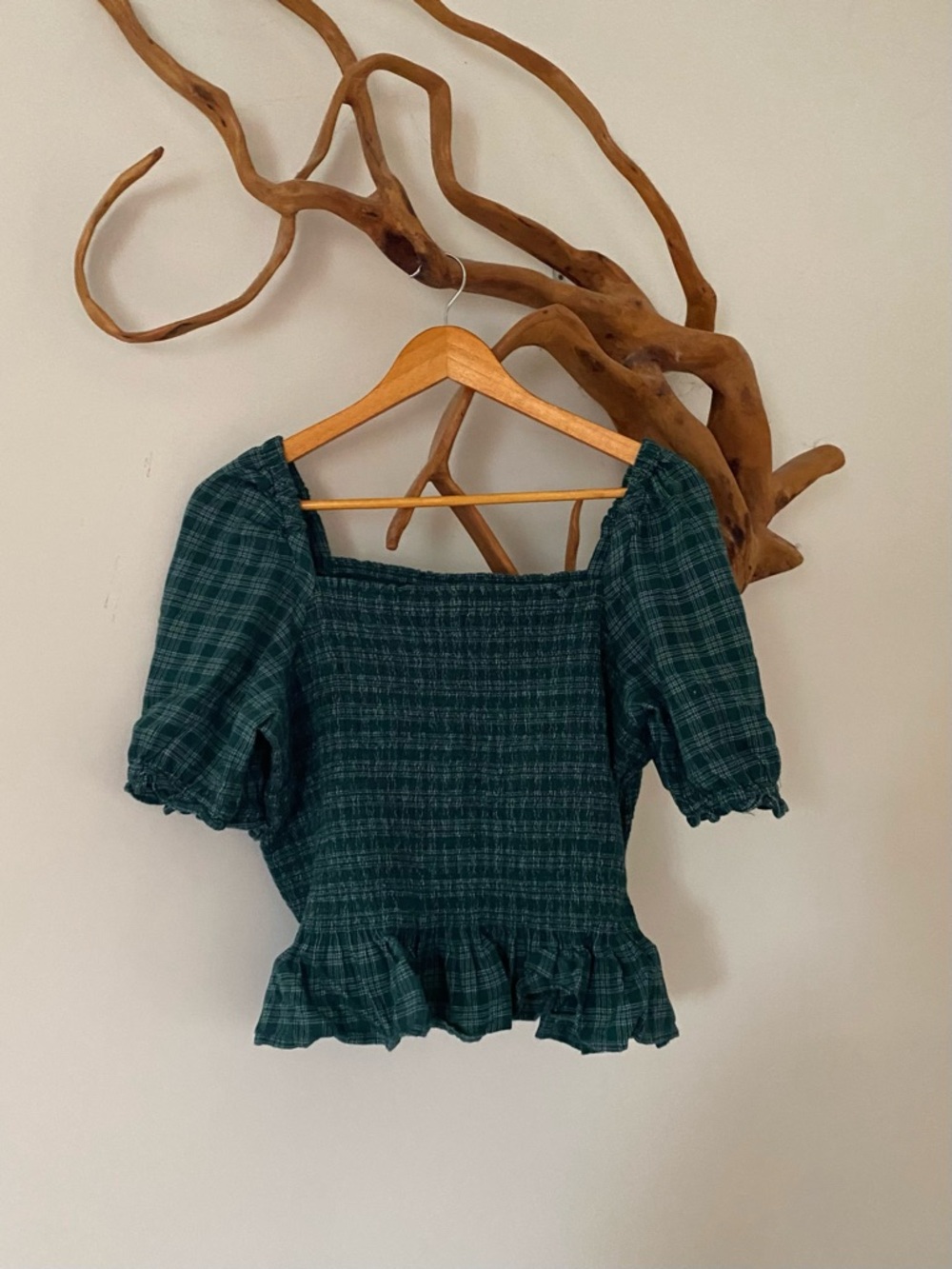 J. Crew Green Smocked Square-Neck Peplum Crop Top